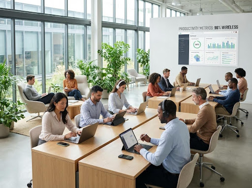 A wireless-first office setup lets teams work from anywhere on-site without cable constraints.